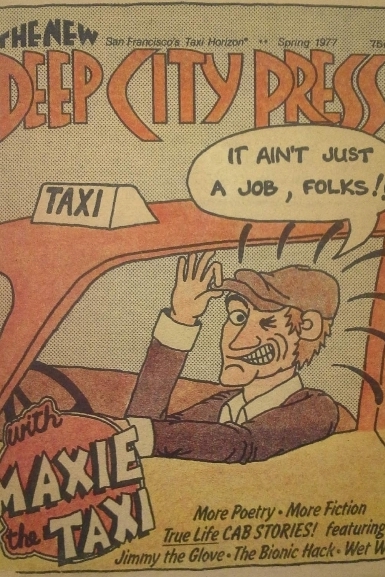 Maxie the Taxi winks at viewers from cartoon artwork on the cover of a driver magazine