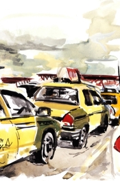 Colorful painting by Dmitry Samarov shows taxis in a queue at O'Hare airport