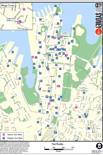 Map shows the location of cab stands in Sydney