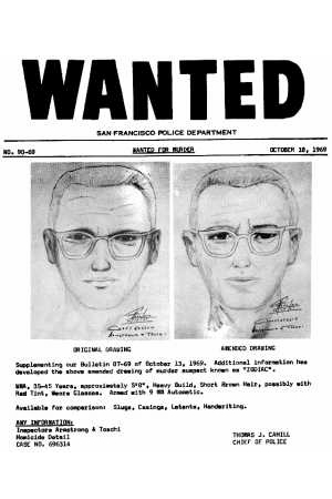 Police poster from 1969 has two sketches of a man wanted for multiple murders.